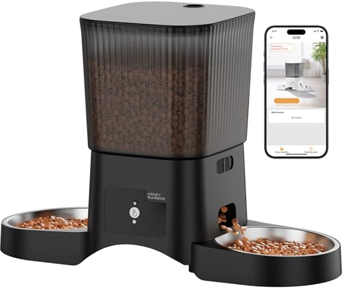 HoneyGuaridan 5G/2.4G WiFi Distributore Automatico Cibo Gatti con 2 Ciotole, Distributore Automatico Intelligente per Gatti e Cani, 4 Piedini Antiscivolo, Stabilità, 1-6 Pasti al Giorno (3.5L)
