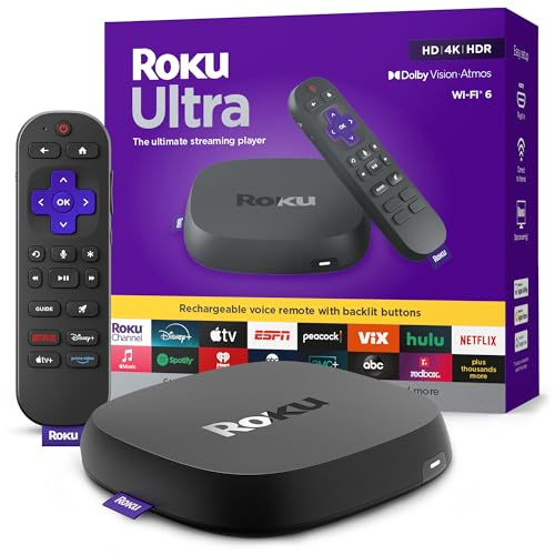Roku Ultra 2024 (Renewed) â 4K Streaming Device with HDR10+, Dolby Vision & Atmos, Wi-Fi 6, Bluetooth, Rechargeable Voice Remote Pro with Backlit Buttons, Free & Live TV (Renewed)