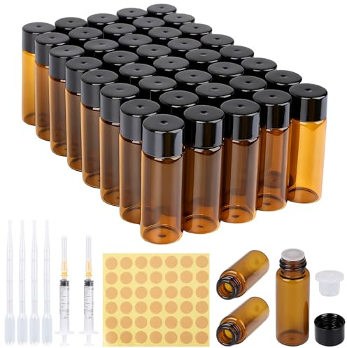 Yaunming 40 stycken 5 ml tomma glasflaskor, pipettflaskor för eteriska oljor UV-resistenta, läckagesäker, återanvändbara med pipetter, spruta och klistermärken för eteriska oljor och parfymer