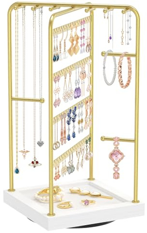 MODOWEY Earring Necklace Holder Organizer Jewelry Stand, Wood Rotating Display Tree for Vendor Selling, Tiered Tower Rack for Pierced Stud Bracelet 90+ Pieces Storage, Easy Access for Women, Gold