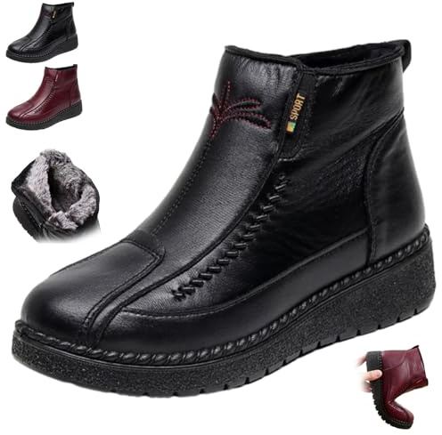 Women's Waterproof Non-slip Cotton Leather Boots, Fleece-lined Warm Slip-on Winter Snow Boots Red Fur Zipper Snow Ankle Booties