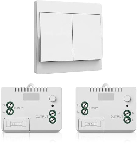 Lot d'interrupteurs sans fil 230 V (blanc, 2 vitesses) - Avec 2 boutons + 1 récepteur - Émetteur sans batterie - Facile à monter - Contrôle de la lumière parfait pour le salon, la chambre à coucher