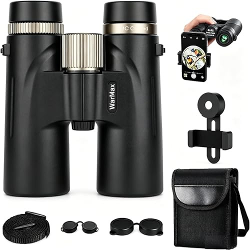 Warmax kikare, HD 12 x 42 vuxna hög förstoring, bra för fågelskådning, resor, stjärnskådning, jakt, bredare utsikt, konserter, smart fokus (svart med mobil Ph)