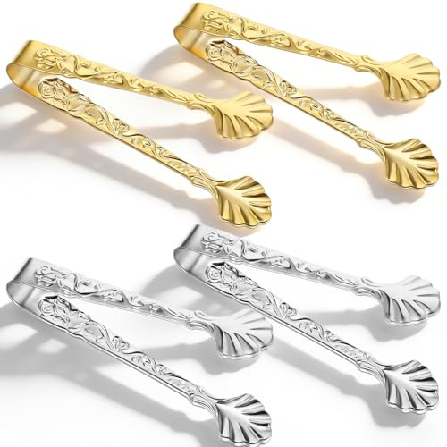 4 PCS Gold Sugar Cube Tongs for Candy, Stainless Steel Ice Cube Tong with Rose Relief Handle, Vintage Small Serving Food Clips for Tea Coffee Party Bar Appetizers Desserts Kitchen
