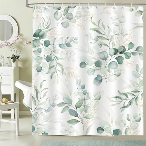 hometrixx Cortina de Ducha Primavera 180 x 200 cm Hojas de Eucalipto Acuarela Verde Salvia Impermeable Poliéster Cortina Bañera con 12 Ganchos Lavable a Máquina para Baño Bañera