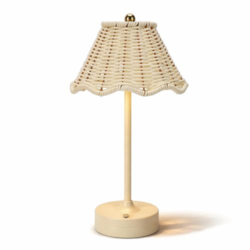 Sxhlseller Rattan Table Lamp, Rechargeable Cordless LED Lamp with Touch Control 3 Brightness Levels, 7H Battery Life Adjustable Color Temperature for Bedroom Living Room Office (White)