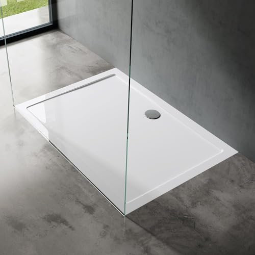 doporro Plato de ducha plano diseño Faro2W 80x140x4 de acrílico en blanco rectangular incl. válvula de desagüe adecuada para instalación a nivel del suelo y conexiones-DIN