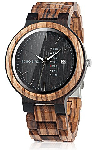 BOBO BIRD Mens Wooden Watch Analog Quartz with Week Display Lightweight Handmade Wood Wrist Watch for Men