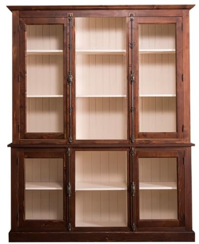 Casa Padrino Landhausstil Wohnzimmerschrank Dunkelbraun/Creme 184 x 48 x H. 228 cm - Massivholz Vitrinenschrank mit 4 Glastüren