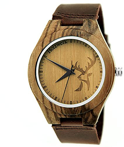 Holzwerk Germany Handgefertigte Designer Hirsch Öko Damen-Uhr Herren-Uhr Unisex Öko Natur Holz-Uhr Leder Armband-Uhr Analog Klassisch Quarz-Uhr in Braun mit Hirsch Motiv