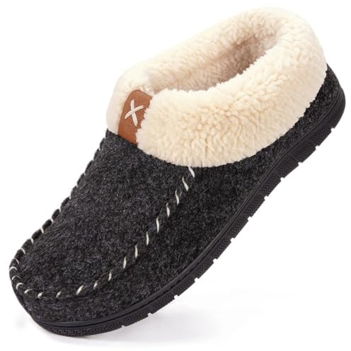 VeraCosy Women's Moccasin Slippers Warm Comfy Faux Wool Memory Foam Indoor House Shoes Black, 4 UK