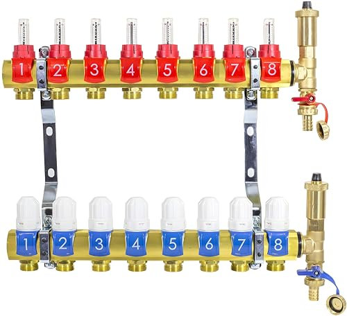 Collettore Riscaldamento a Pavimento in Ottone – Set Completo 8 Circuiti | Valvole Termostatiche, Flussometri 0,5–5,5 l/min | Attacco G1” x G3/4” B | 10 bar, 43°C