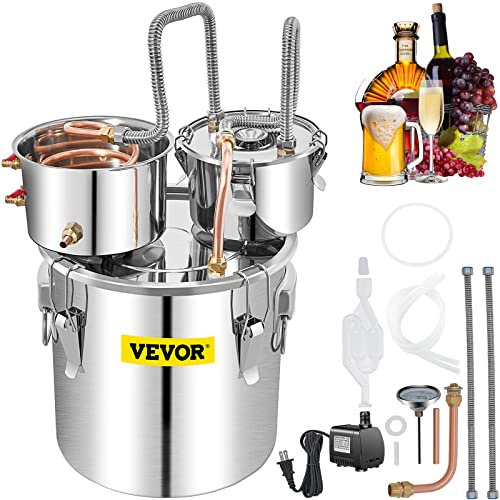 VEVOR Distillatore Alcol per Uso Domestico in Acciaio Inox con Rame Rosso da 50L, Alambicco Distillatore per Vino Grappa Liquore da 50L in Acciaio Inox Doppio Fusto, Alambicco per Distillazione da 50L
