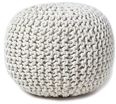 Interior Innovations Round Pouf Foot Stool Ottoman - 100% Hand-Knitted Cotton with Poly Bead Filling, 'Natural' Color