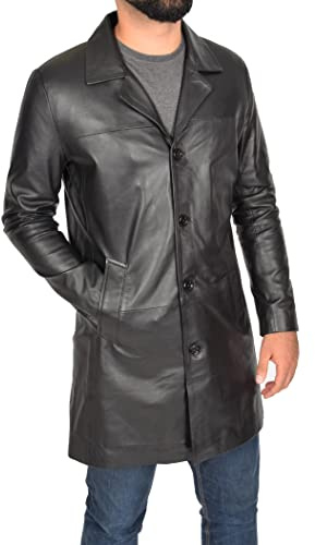 A1 FASHION GOODS Giacca da uomo 3/4 lunga in pelle nera stile blazer classico trench soprabito Jones, Nero , XL