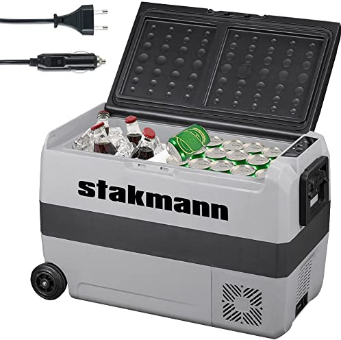 Stakmann Tragbarer Kühlschrank mit Kompressor 12 V 220 V, Gefrierschrank mit 2 Fächern, Rollen und seitlichen Griffen, AC-DC 12/24 V, ideal für Auto, Wohnmobil, Boot, Reisen, Picknick (50 Liter)
