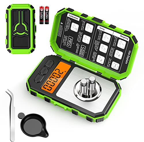 ORIA Feinwaage 50g/0,001g, Präzisions Milligramm Digitalwaage, Mini-Waage Tragbare Schmuckwaage, LCD-Display, Tara Funktion, 10g x 2 Stk Kalibriergewichte & Pinzetten - Grün