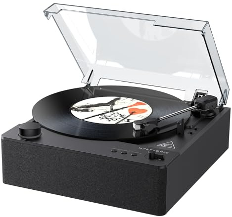 MYKESONIC Fully Automatic Record Player, Bluetooth Belt Drive Vinyl Turntable, Magnetic AT-3600L Cartridge, Bluetooth in & Out, Hi-Fi Stereo Speakers, Aux in Headphone, RCA Out, Anti-Resonance - Black
