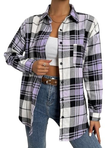 Wowcarbazole Camisas casuales de franela a cuadros para mujer, camisas de manga larga con botones, blusa de moda con bolsillo, Púrpura, Large