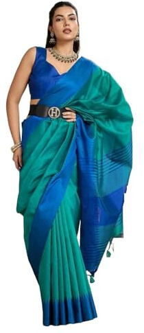 Laavaan Sari da donna in cotone e seta a quadri con camicetta non cucita, Azzurro, Etichettalia unica