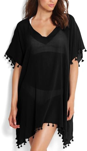 Risipu Damen Strandponcho Sommer Bikini Badeanzug Cover Up Strandkleid mit Quasten Boho Strand Tunika Bikini Beachwear Cover-Ups für Sommerstrand, Schwimmbad (Schwarz, Einheitsgröße)