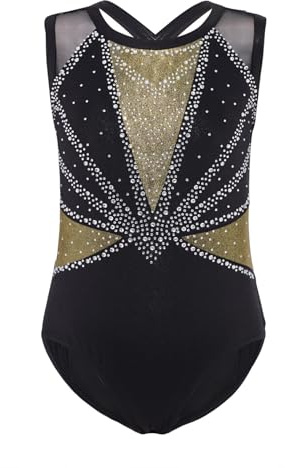 Oyolan Enfant Fille Justaucorps Gymnastique sans Manches Strass Brillant Costume Compétition Spectacle 5-16 Ans B Or noir 9-10 ans