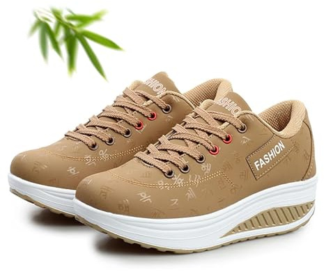 Sneakers ortopediche da donna casual alla moda traspiranti con zeppa e piattaforma, scarpe in pelle con suola rocker slip-on, mocassini con zeppa e piattaforma, cachi, 43 EU