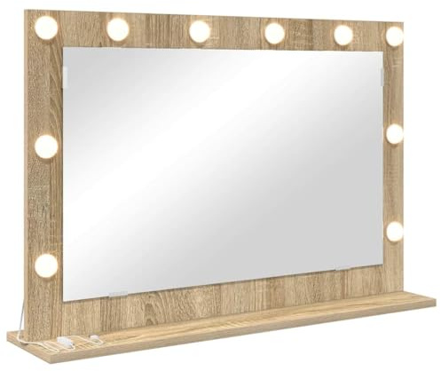 vidaXL Espejo de Tocador Rectangular Roble Sonoma 80 x 55 x 18 cm, Espejo Elegante para Dormitorio, Estilo Moderno, Luces LED, decoración Reflectante, Soporte de Vidrio, para Uso Interno