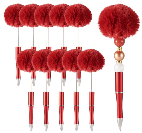 FASHEWELRY 10 bolígrafos esponjosos de felpa con pompones para decoración personalizada, suministros de escritura, color rojo oscuro
