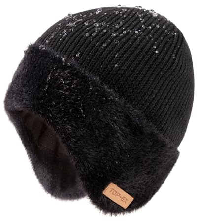 TOP-EX DryKnit™ - Gorro impermeable con forro polar con orejeras, gorro térmico de lana merino para hombre, resistente al viento, Negro, M-L