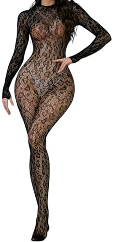 PARUPRUP Women's Leopard Fishnet Bodystocking Catsuit Long Sleeve Lingerie | Sexy Sheer Mesh Full Body Stocking, One Piece See-Through Jumpsuit Back Cutout Nightwear for Rave Party Clubwear