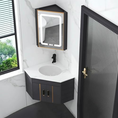 Lavabo de cerámica de Esquina Tocador de baño de Esquina Tocador de Esquina con Lavabo y Mueble con Espejo Espejo LED
