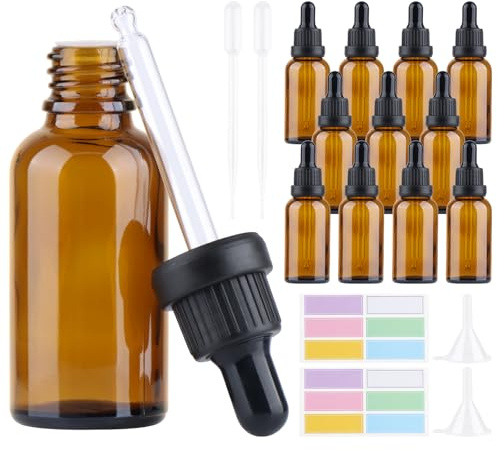 iulrtba 12 stycken droppflaskor 30 ml brunt glas, apoteksflaskor brunt glas med 2 pipetter, 2 trattar, 12 etiketter, pipettflaskor för eteriska oljor, parfymoljor, flytande färgämnen