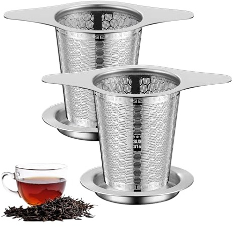 Alyxen 2 Pièces Filtre à Thé avec Poignée et Couvercle, Réutilisable Infuseur à Thé en Acier Inoxydable, Infuseur à Thé Trou Fin, Filtre The pour Tasse, Passe-Thés à Manche pour Théière Bouteille