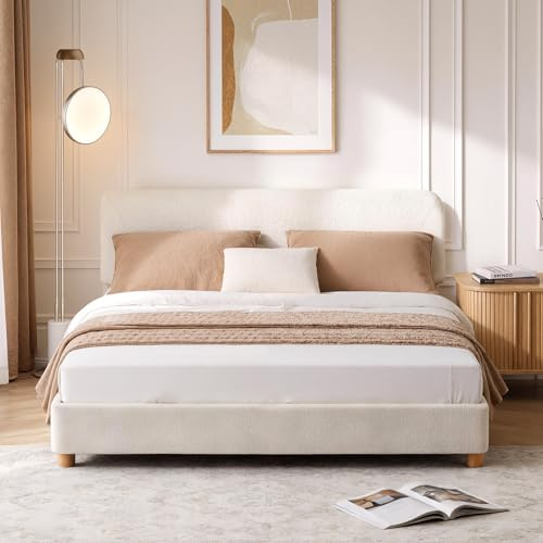 Double Boucle Bed Frame, Cloud Upholstered Platform Bed, Cream White