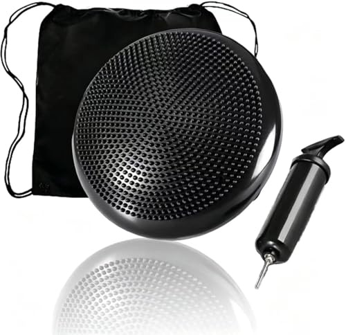 Cuscino di equilibrio, per adulti, con pompa ad aria, diametro 33 cm, per esercizi di equilibrio, yoga, massaggio, per core, coordinazione, fitness, allenamento e schiena (blu)