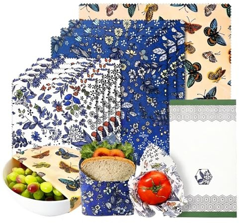 ikBrtaiay 9 panni in cera d'api, in cotone biologico naturale, 5 pezzi piccoli, 3 medi e 1 grande per alimenti, per confezionare panini, panini, snack, formaggio, noci