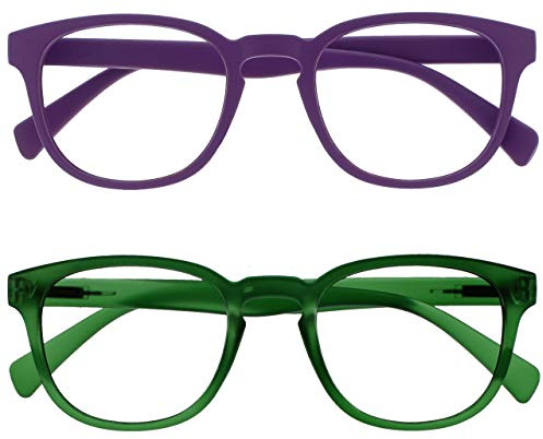 OPULIZE Pop Gafas de Lectura Pack de 2 Redondas Violeta y Verde Musgo Satinado Bisagras con Muelle Resistentes a los Arañazos Hombre Mujer RR2-56 +1.00