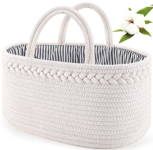 ABenkle Baby Diaper Caddy Organizer Handmade Cotton Rope Nursery Storage Bin for Boys/Girls, Portable Diaper Storage Basket for Changing Table/Car - Ideal for Baby Shower, Christmas (White)…