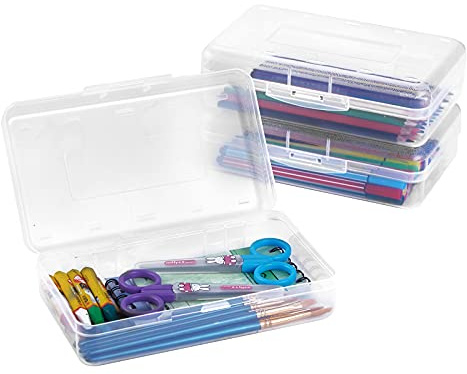 Sooez 3 Pack Pencil Case, Large Hard Pencil Box Bulk, Clear Crayon Box Marker Pen Organizer, Plastic Storage Container with Snap Lid, Stackable Art Craft Organizer Back to School Supplies, Clear
