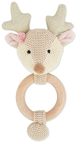 Bieco Holz Greifling Baby Rassel | Ø 10cm, Länge 17cm | Niedliche Reh Babyrassel Baumwolle mit Holz Ring | Baby Greifling Rassel für Junge & Mädchen | Greifling mit Reh Stoffrassel | Greifringe Baby