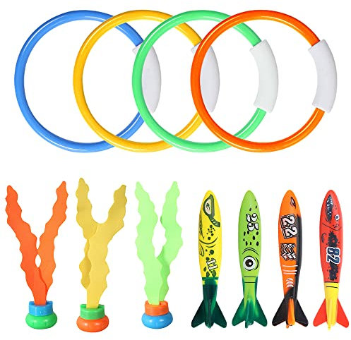 mizikuu Tauchen Spielzeug,11 Stück Tauchspielzeug für Kinder Unterwasser Schwimmspielzeug mit Tauchringe Torpedos Schwerkraft Schwanz für Junge Mädchen,Poolparty,Schwimmbad