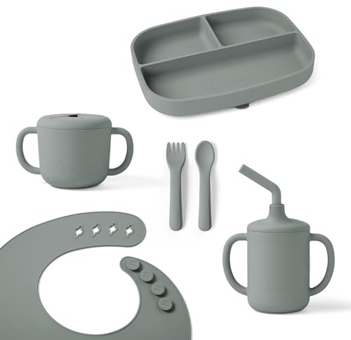 Ergobaby Deluxe barnservis för spädbarn och småbarn från 6 månader, barnservis med 2 koppar, bricka, haklapp och bestick, utan BPA, PVC och ftalater, Sage Green