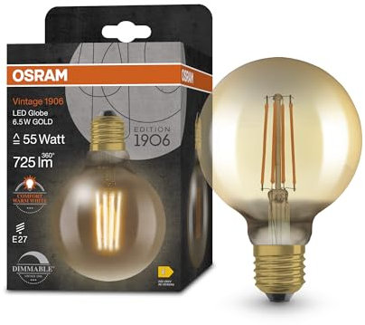 OSRAM Vintage 1906 Globe, Filament Gold, Dimmable, 6.5W, E27, pack singlement