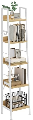 YITAHOME Estantería de 5 Niveles, Estante de Escalera Industrial Estantería Independiente para Libros Estantes de Madera y Marco de Metal Librería Moderna para Sala Pasillo Oficina, Blanco y Roble