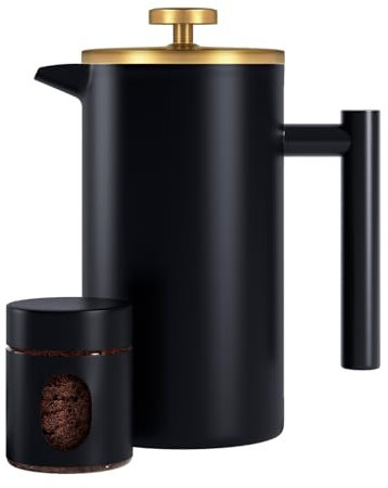 Enfmay Cafetera Francesa, Prensa Francesa 1L con Sistema Filtración de 4 Capas, French Press Portátil Acero Inox con Aislamiento de Doble Pared para Hogar, Viajes y Camping, con Lata de Café, Negro