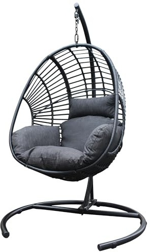Wicker Swing Egg Chair with Antracite Cushion, Outdoor Patio Hanging Chair, Handcrafted Weaving Chair Swing, Hammock Egg Basket Chair for Indoor or Outdoor, Black
