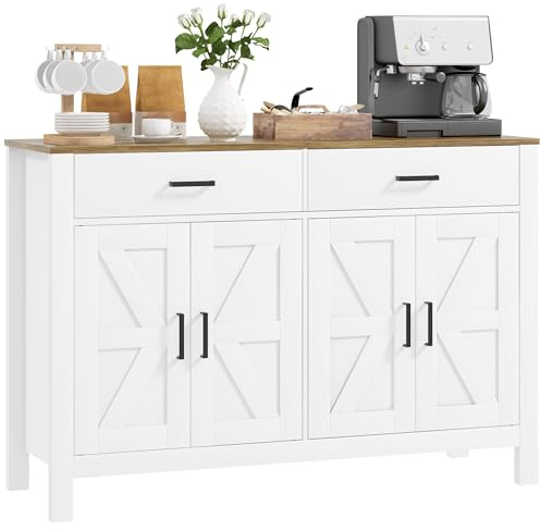 HOMCOM Credenza da Cucina con 2 Cassetti e 2 Armadietti, Mobile Buffet Stile Rustico con Mensole Regolabili per Salotto e Soggiorno, Bianco