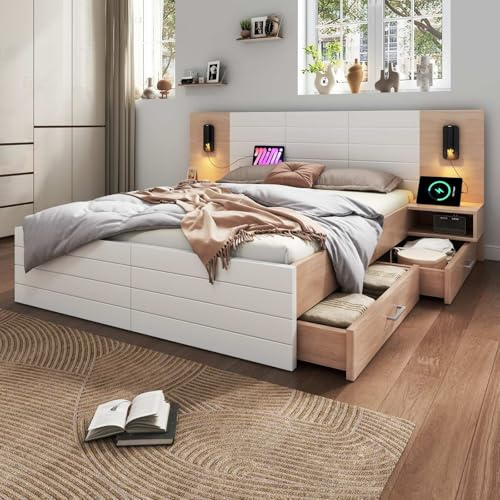 KOMHTOM Lit Moderne 2 Personnes, Blanc + Chêne avec 2 Tiroirs, Tête de Lit Lumière de Lecture USB, 2 Tables de Nuit, Cadre de lit (sans Matelas) (160 × 200CM)