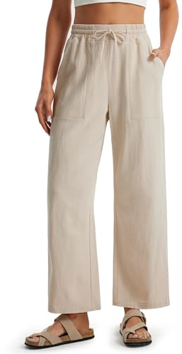 Libin Pantalones de lino para mujer, pierna ancha, abertura lateral, pantalones tobilleros, cintura alta, cordón ajustable, estilo palazzo, holgados, pantalones cortos para la playa
